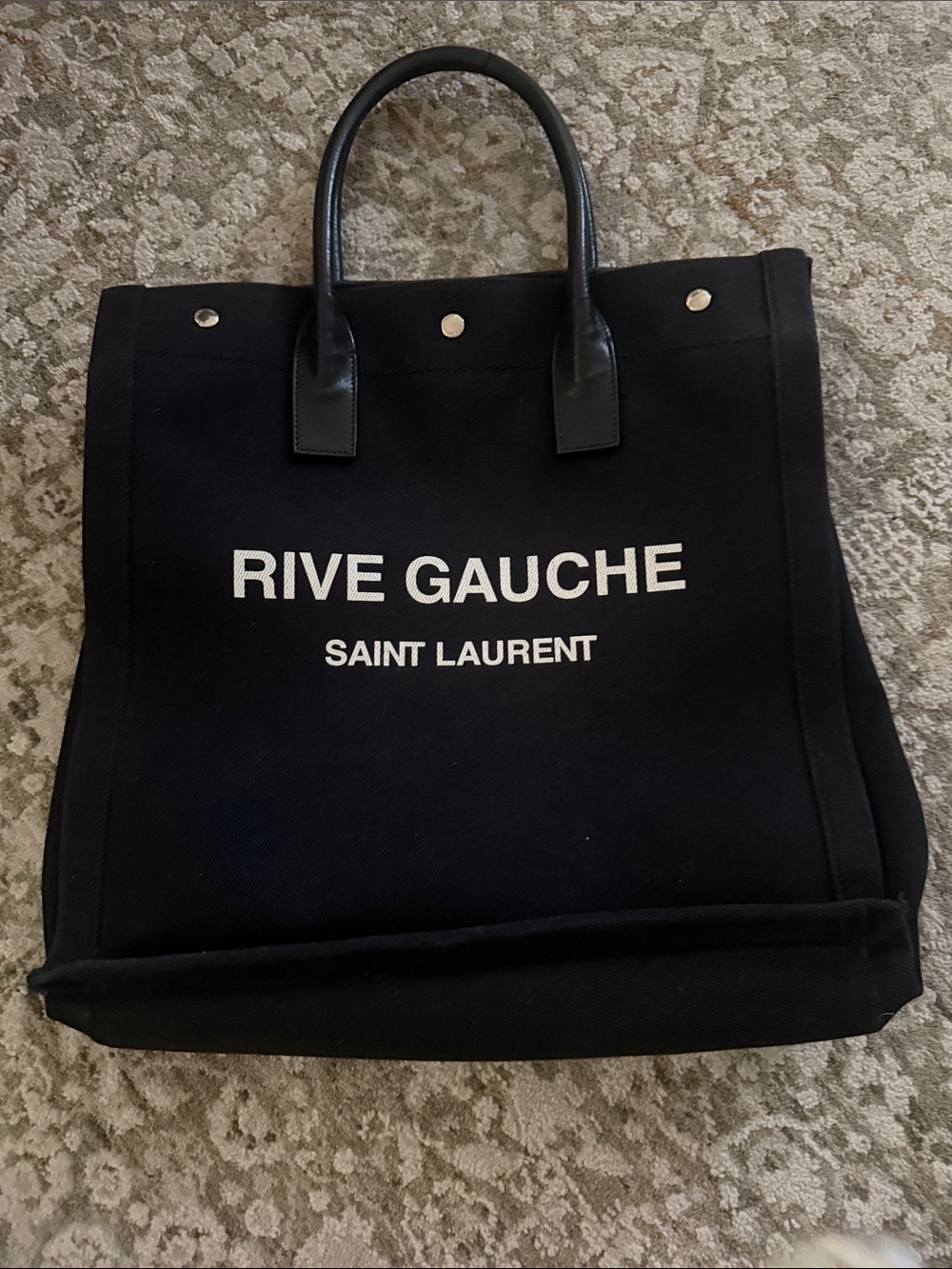 Saint Laurent Rive Gauche Black Canvas Messenger Tote with White Logo